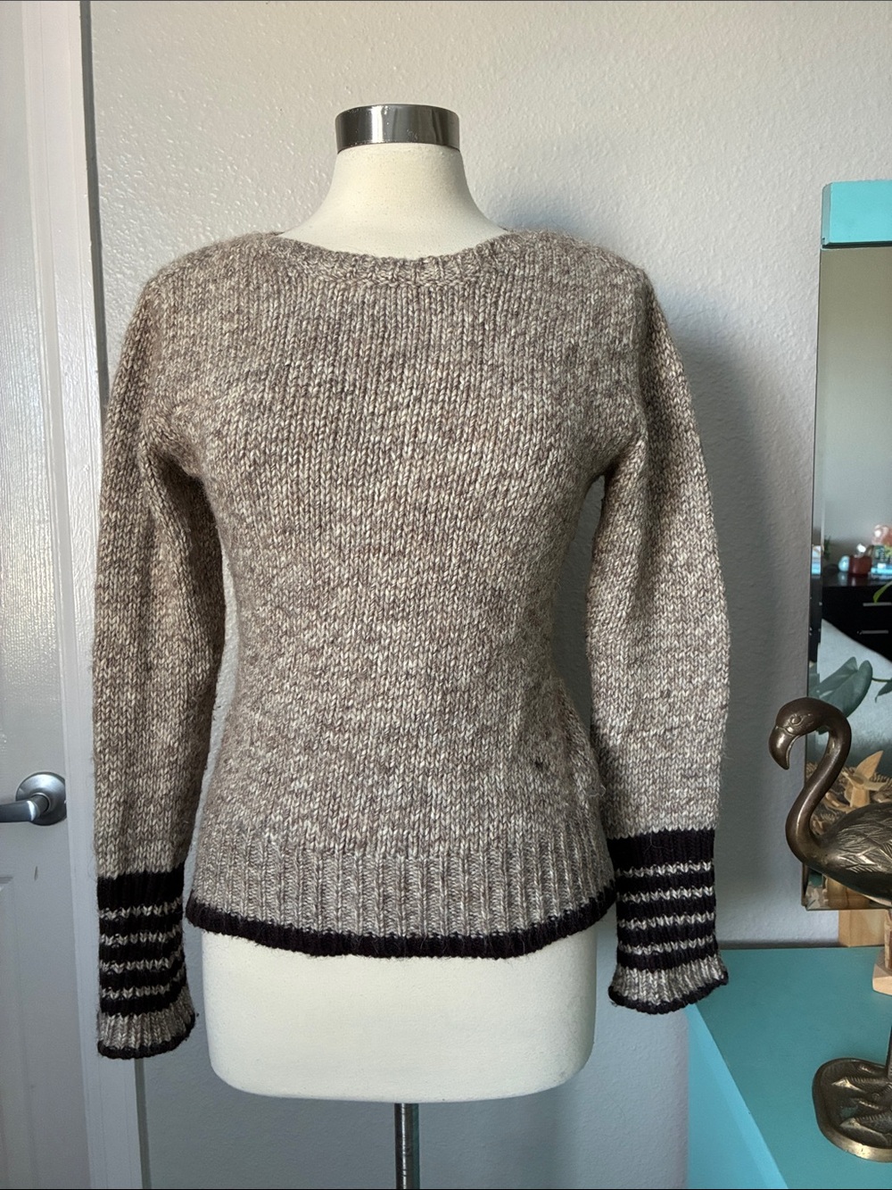 Fioreblu Italian Marled Taupe Crewneck Sweater Brown Stripe Trim Wool Angora Med